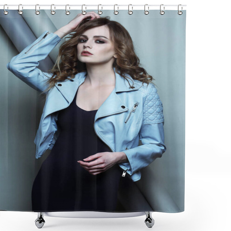 Personality  Model In Leather Jacket Shower Curtains