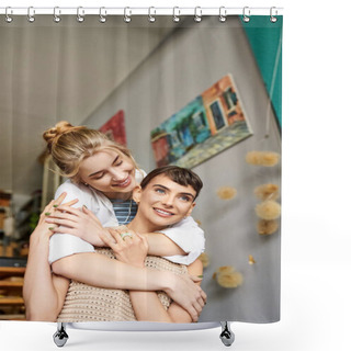 Personality  Tender Embrace Between Two Women, One Holding The Other In Her Arms At An Art Studio. Shower Curtains