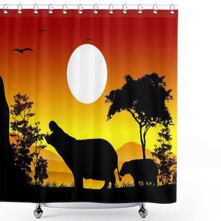 Personality  Beauty Hippo Silhouettes With Landscape Background Shower Curtains