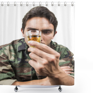 Personality  Distraught Military Soldier Veteran Ptsd Drinking A Shot Of Liquor Shower Curtains