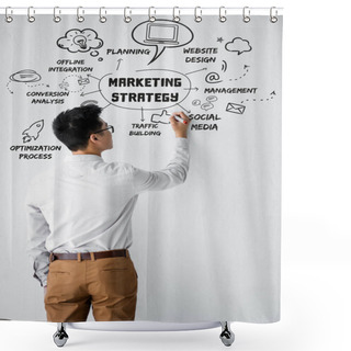 Personality  Back View Of Seo Manager Writing On Wall With Illustration With Concept Words Of Marketing Strategy Illustration Shower Curtains