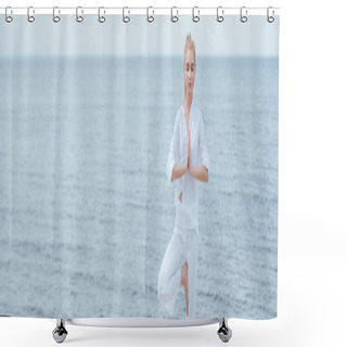 Personality  Panoramic Shot Of Young Blonde Woman With Closed Eyes Practicing Yoga  Shower Curtains