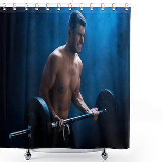 Personality  Sexy Muscular Bodybuilder With Bare Torso Excising With Barbell On Black Background With Smoke  Shower Curtains
