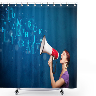 Personality  Young Girl Shouting Into Megaphone And Text Come Out Shower Curtains
