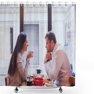 Personality  Couple Having Lunch In Cafe Shower Curtains