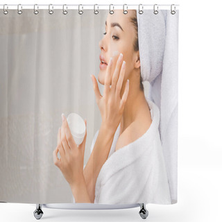 Personality  Beautiful Woman In Bathrobe With Towel On Head Applying Face Cream Shower Curtains