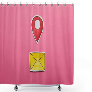 Personality  Yellow Mail Sign With Red Geolocation On Pink Background Shower Curtains
