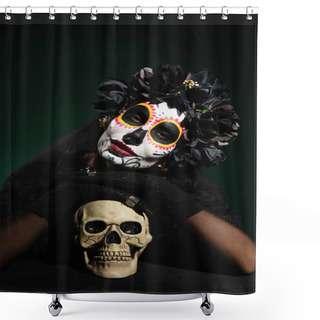 Personality  Woman In Black Wreath And Day Of Death Costume Looking At Camera Near Skull On Dark Green Background  Shower Curtains