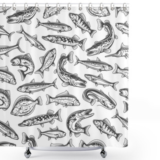 Personality  Sea And River Fishes Seamless Pattern. Pike, Carp And Perch, Mackerel, Salmon And Sardine, Tuna, Sheatfish And Marlin, Flounder Vector. Seafood, Fishing Print Or Background With Freshwater, Sea Fishes Shower Curtains