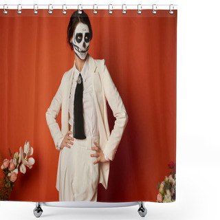 Personality  Woman In Skeleton Makeup And White Suit Posing With Hands On Hips Near Flowers On Red, Day Of Dead Shower Curtains