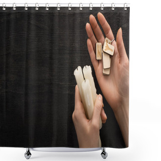 Personality  Top View Of Shaman Holding Runes Ans Candles Near Dark Wooden Background Shower Curtains