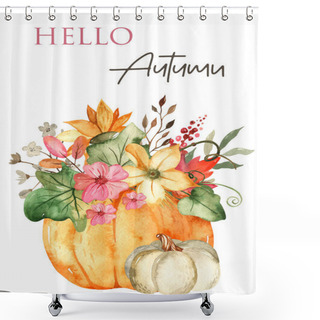 Personality  Pumpkins, Autumn Leaves, Flowers, Harvest Festival, Thanksgiving. Watercolor Card Shower Curtains