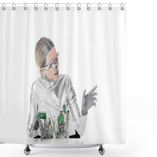 Personality  Silver Robot Sitting At Table And Touching Something Isolated On White, Future Technology Concept Shower Curtains