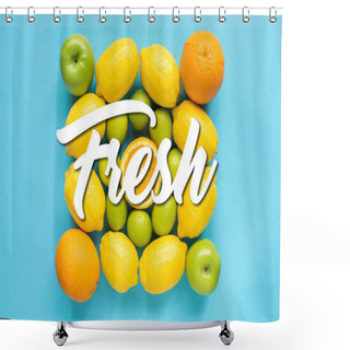 Personality  Top View Of Fresh Fruits On Blue Background, Fresh Illustration Shower Curtains