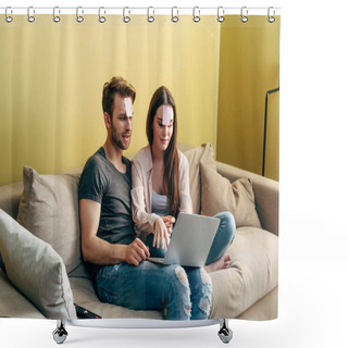 Personality  Couple With Sticky Notes On Foreheads Playing Online Game Near Laptop  Shower Curtains