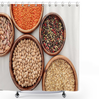 Personality  Top View Of Wooden Bowls With Chickpea, Oatmeal, Red Lentil, Beans And Peppercorns On White Marble Surface Shower Curtains