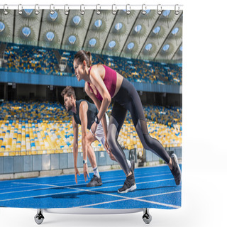Personality  Athletic Young Male And Female Sprinters In Start Position On Running Track At Sports Stadium Shower Curtains