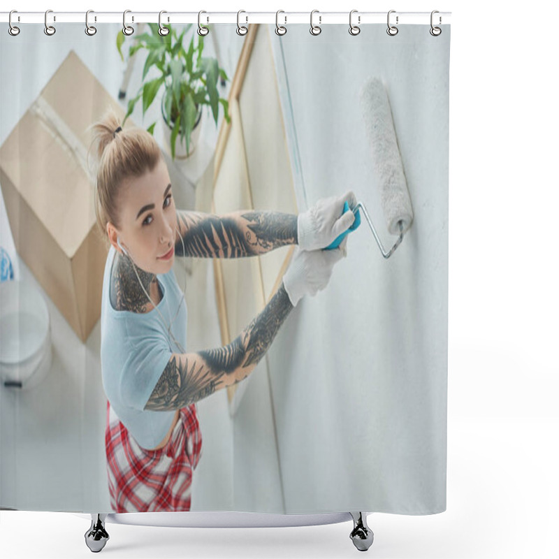 Personality  High Angle View Of Young Tattooed Woman In Earphones Painting Wall At New Home Shower Curtains