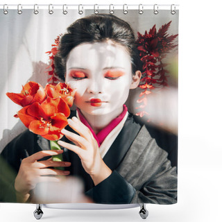 Personality  Selective Focus Of Sakura Branches And Beautiful Geisha Holding Red Flowers With Closed Eyes In Sunlight Shower Curtains
