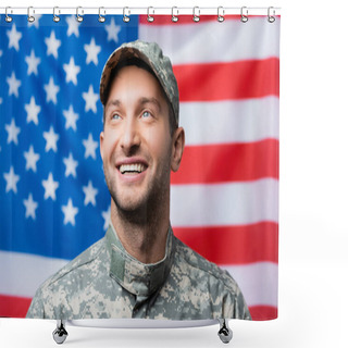 Personality  Cheerful Military Man In Uniform And Cap Smiling Near American Flag On Blurred Background Shower Curtains