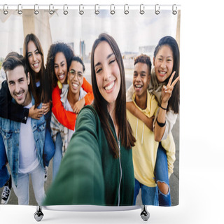 Personality  Young Group Of Diverse Students Having Fun Together Outdoors. Beautiful Woman Smile At Camera Taking Selfie Portrait With Diverse Friends On The Background. Youth Community Concept. Shower Curtains
