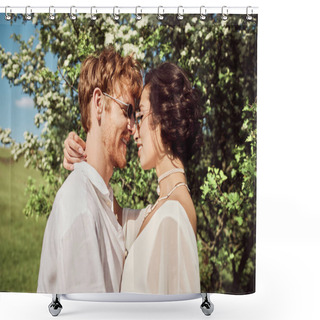 Personality  Happy Interracial Couple In Countryside, Asian Woman In White Dress And Man Hugging Near Big Tree Shower Curtains