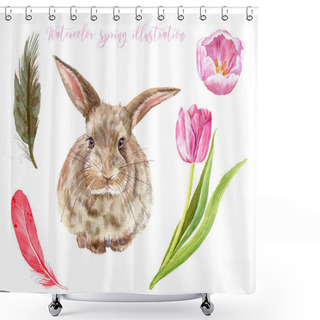 Personality  My Sweet Bunny. Watercolor Spring Rabbit Illustration. Rabbit And Flowers And Butterflies. For Your Unique Design, Cards, Posters, Invitations, Books, Fabrics And Other Shower Curtains