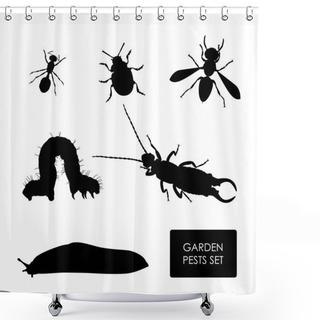 Personality  Set Of Garden Pests On A White Background. Silhouette Of Insects Shower Curtains