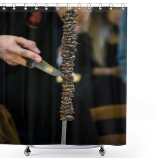 Personality  Meat Skewered On A Spit Served To The Table. Shower Curtains