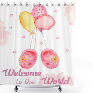 Personality  Watercolor Card With Slippers Newborn Cute Baby Girl Toddler And Balloons Shower Curtains