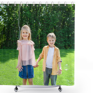 Personality  Adorable Little Kids Holding Hands And Smiling At Camera In Park Shower Curtains