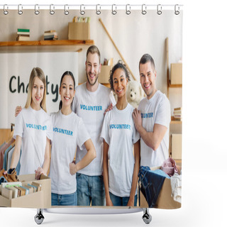 Personality  Five Young, Multicultural Volunteers Standing Together, Smiling And Looking At Camera  Shower Curtains