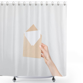 Personality  Partial View Of Woman Holding Kraft Envelope With Blank Card In Hand Isolated On White Shower Curtains
