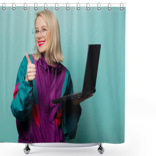 Personality  Style Blonde Woman In Glasses With Laptop Computer  Shower Curtains