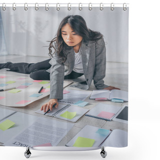 Personality  Attractive Asian Scrum Master Sitting On Floor And Holding Pen Near Contract  Shower Curtains