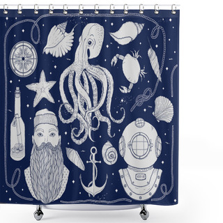 Personality  Hand Drawn Vintage Nautical Set. It Consists Of Octopus, Sailor, Bottle With A Message, Seashells, Crab, Compass, Diving Helmet, Rope And Sea Knot. Vector Illustration. Shower Curtains