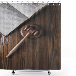Personality  Opened Juridical Book With Hammer On Wooden Table, Law Concept Shower Curtains
