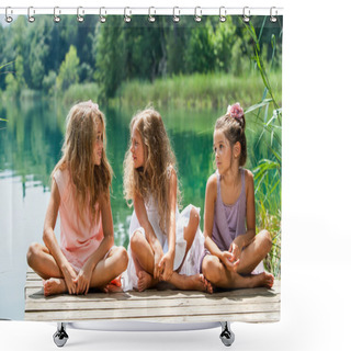 Personality  Three Girl Friends Sitting On Jetty At Lake. Shower Curtains