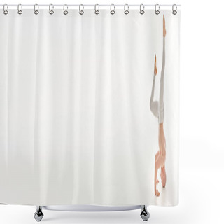 Personality  Young Man Performs A Handstand In A Solo Acrobatic Act On A White Background. Shower Curtains