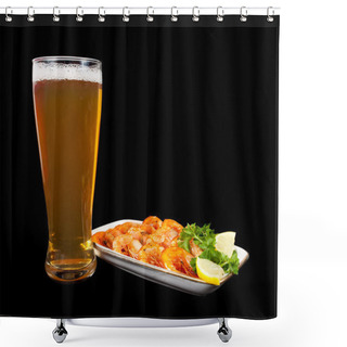 Personality  Beer And Fried Shrimps On Black Background Shower Curtains