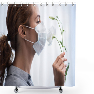 Personality  Side View Of Woman In Medical Mask Smelling Flowers  Shower Curtains