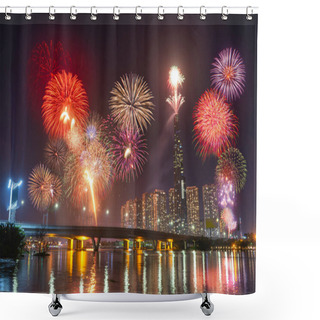 Personality  High Resolution Image Of Colorful Fireworks Of Ho Chi Minh City At New Year 2020 View From Landmark 81 Riverside. Landmark 81 Is The Tallest Building In Vietnam Shower Curtains