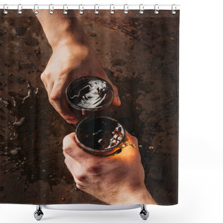 Personality  Cropped Shot Of Friends Clinking Mugs Of Beer At Dark Surface Shower Curtains
