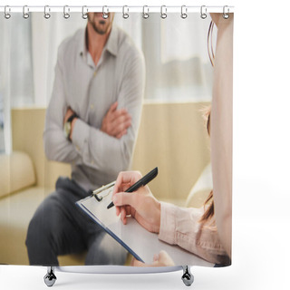 Personality  Cropped View Of Patient And Psychologist Writing Diagnosis In Clipboard In Office Shower Curtains