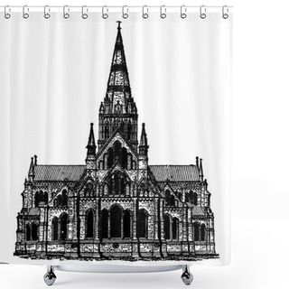 Personality  Gothic Architecture - Salisbury Cathedral, Architecture Building, Superb Example Of The Style,  Relatively Short Period, Vintage Line Drawing Or Engraving Illustration. Shower Curtains