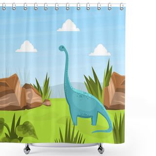 Personality  Cute Dinosaur On Beautiful Prehistoric Natural Landscape Cartoon Vector Illustration Shower Curtains