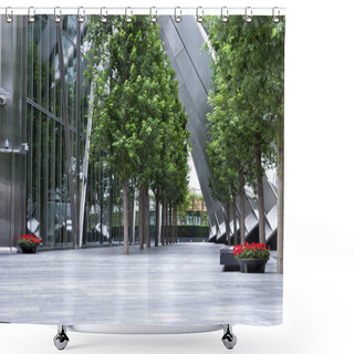 Personality  Front Of A Modern Office Building With Steel Columns Shower Curtains