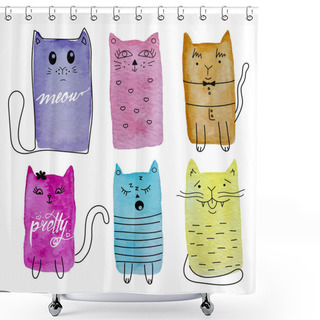 Personality  Cute Watercolor Cats Vector Set.  Shower Curtains