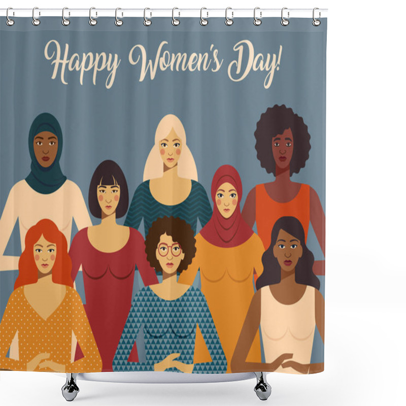 Personality  Female faces of different ethnicity and lettering Happy Womens Day shower curtains