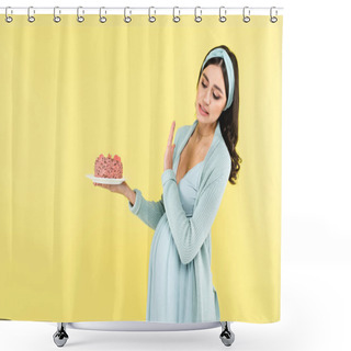 Personality  Pregnant Woman Showing Refuse Gesture While Holding Sweet Dessert Isolated On Yellow Shower Curtains